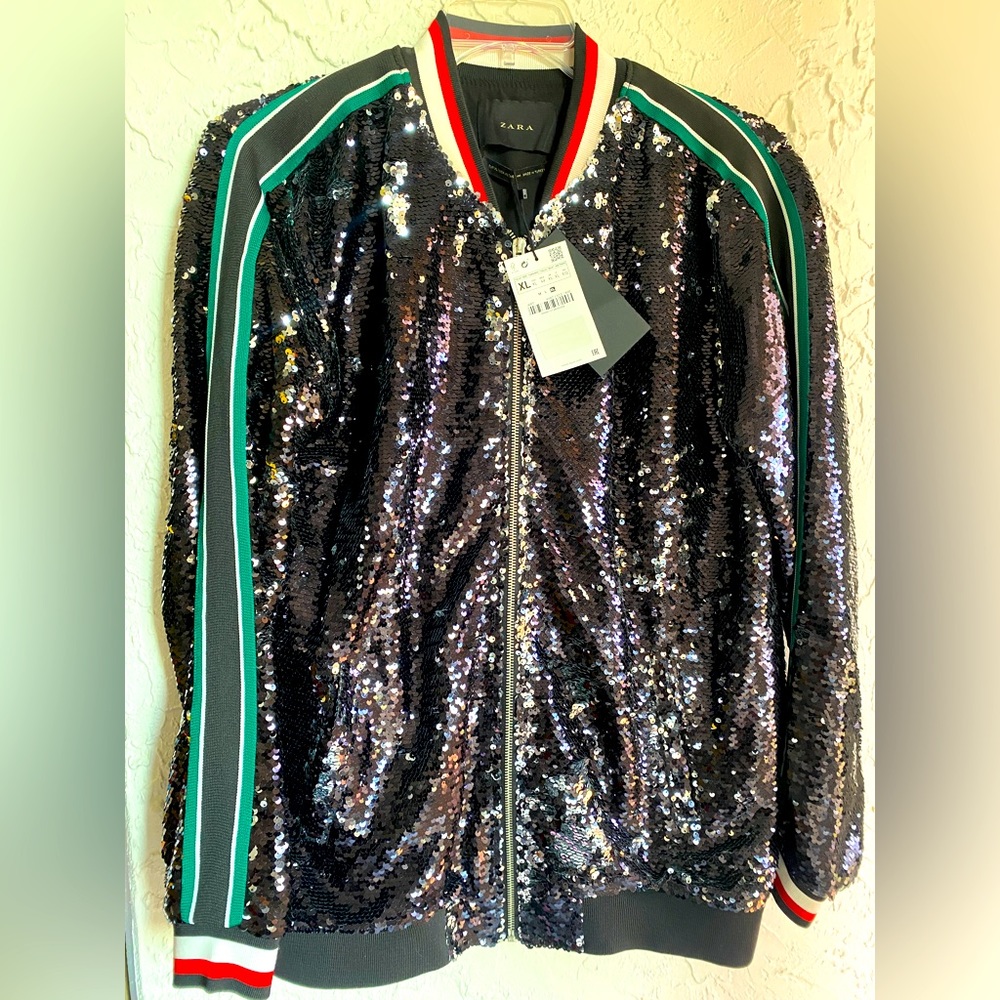 XL Shinny jacket black with red white strip Brand New